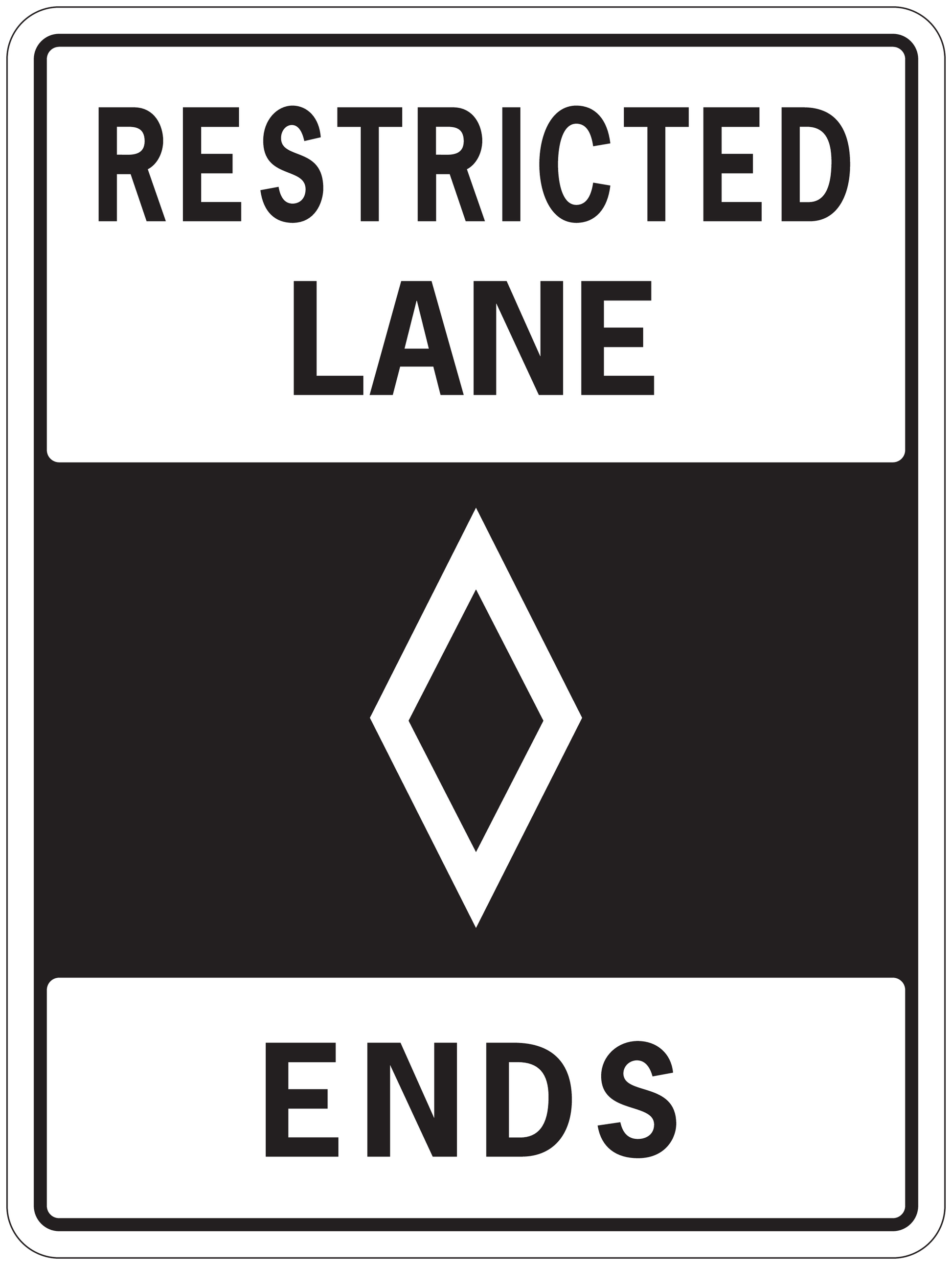 Road sign sticker: RESTRICTED LANE and ENDS with diamond arrow