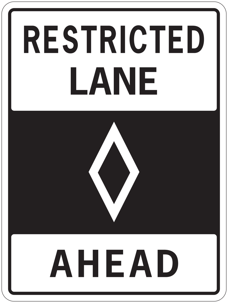 Road sign sticker: RESTRICTED LANE with diamond symbol and AHEAD text
