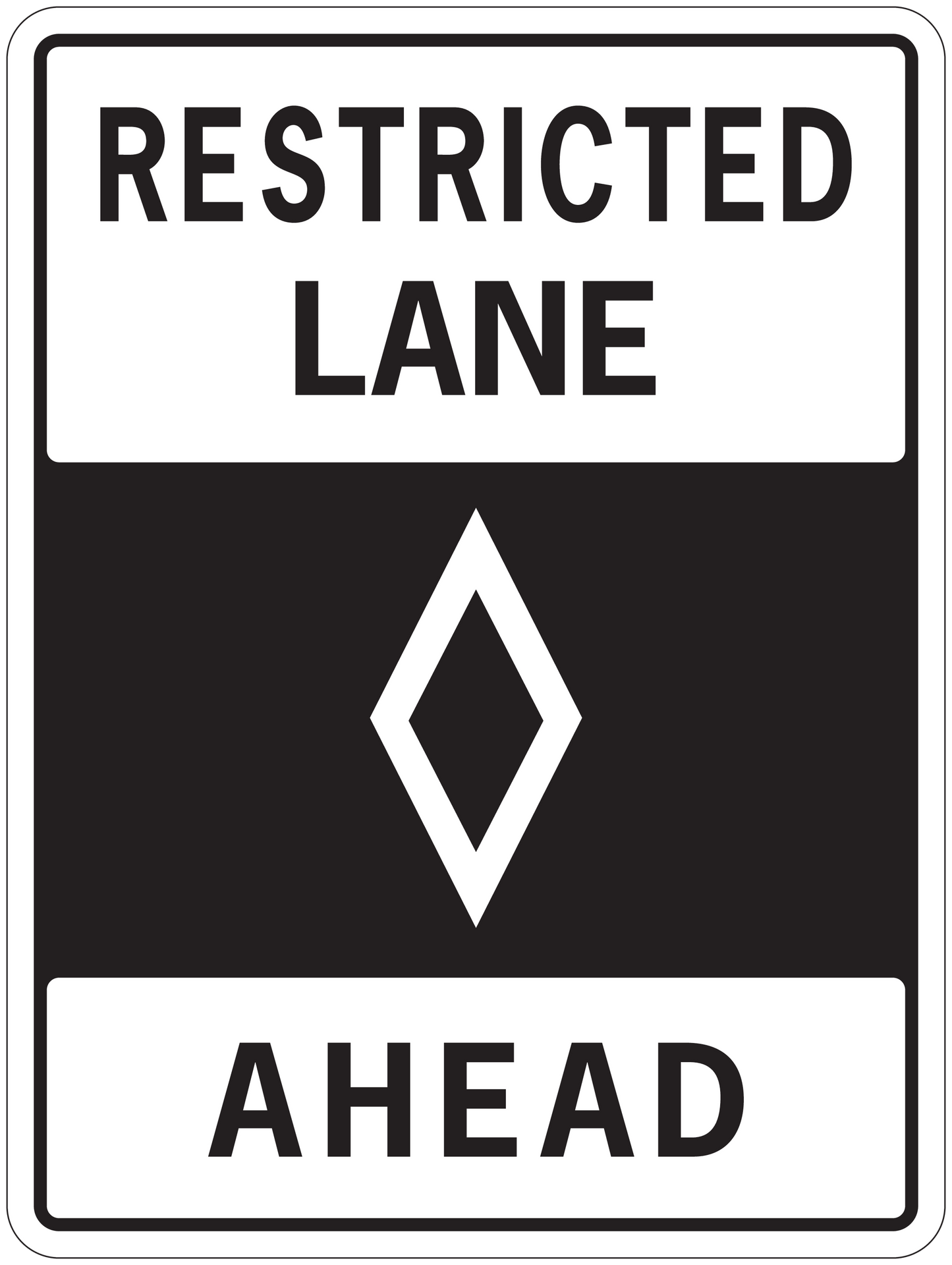 Road sign sticker: RESTRICTED LANE with diamond symbol and AHEAD text