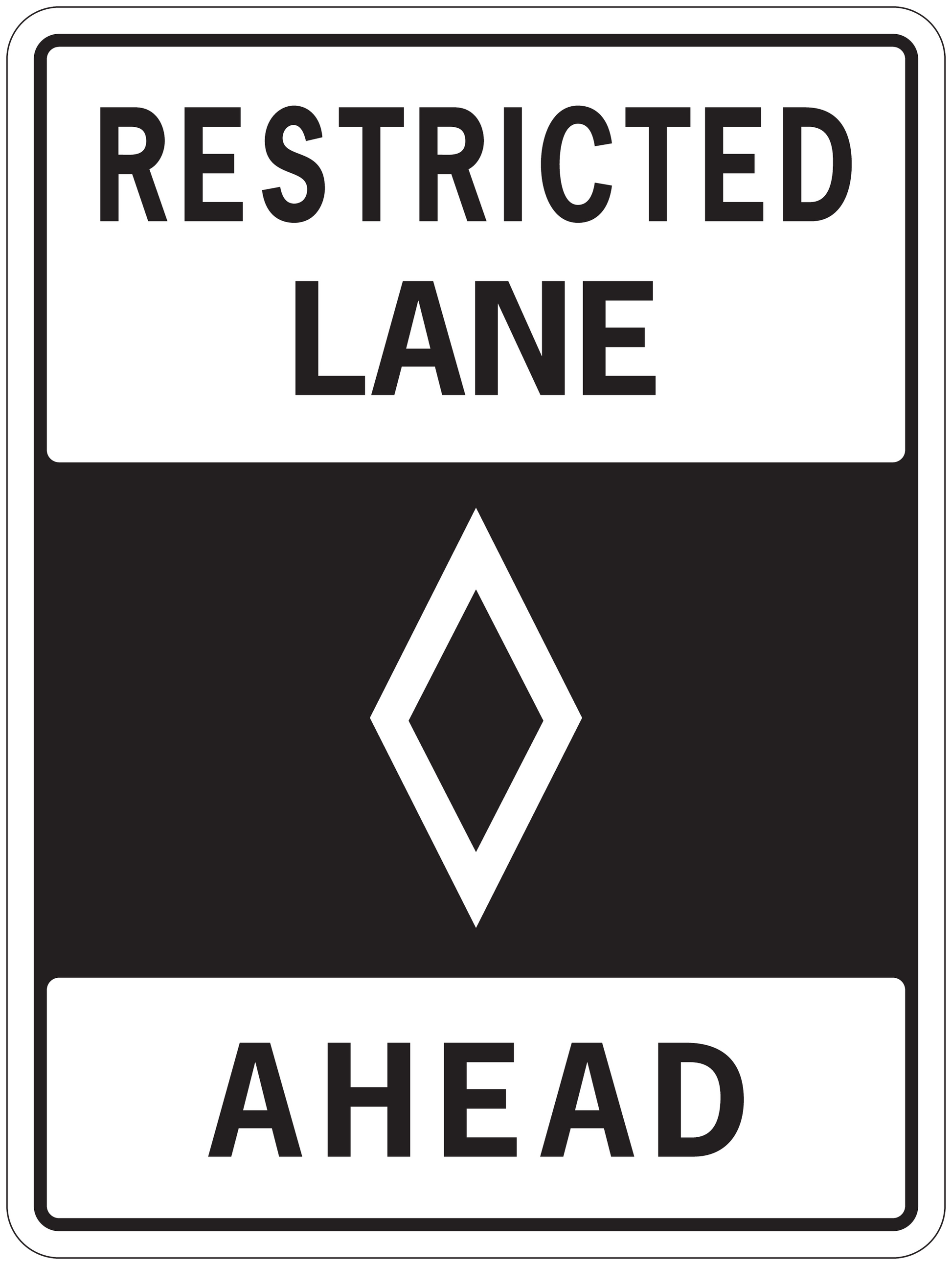 Road sign sticker: RESTRICTED LANE with diamond symbol and AHEAD text