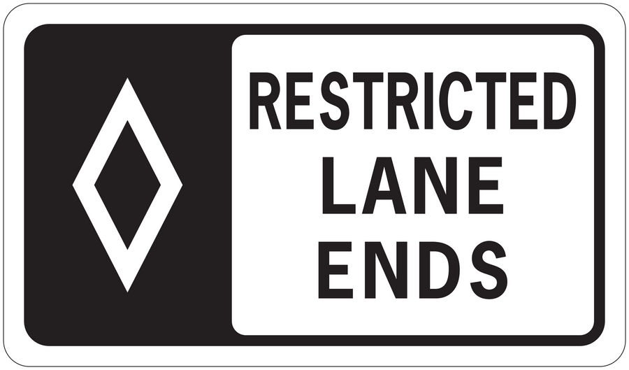 Road sign sticker, RESTRICTED LANE ENDS, diamond icon.