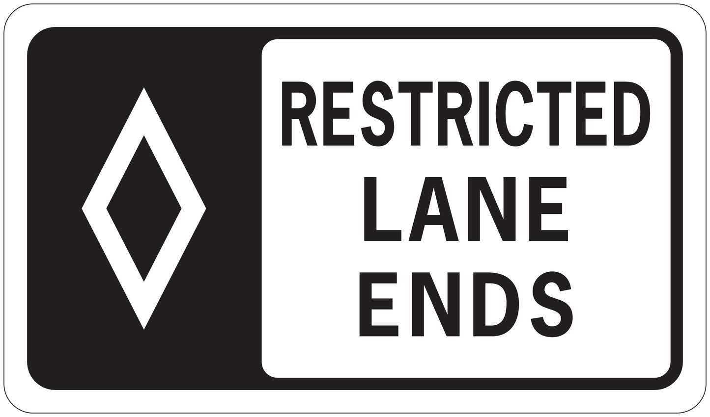 Road sign sticker, RESTRICTED LANE ENDS, diamond icon.