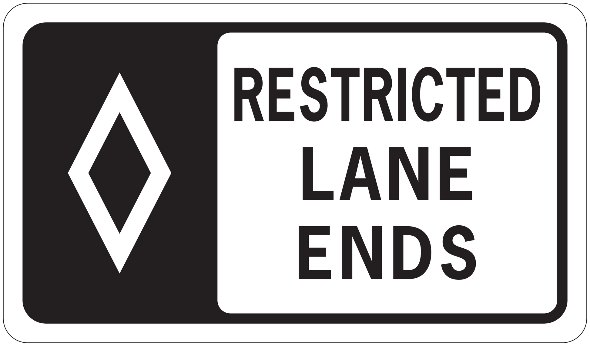 Road sign sticker, RESTRICTED LANE ENDS, diamond icon.