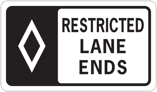 Road sign sticker, RESTRICTED LANE ENDS, diamond icon.