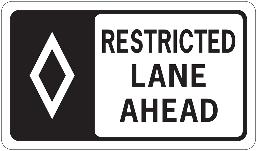 Road sign sticker with black background, white diamond logo and text RESTRICTED LANE AHEAD