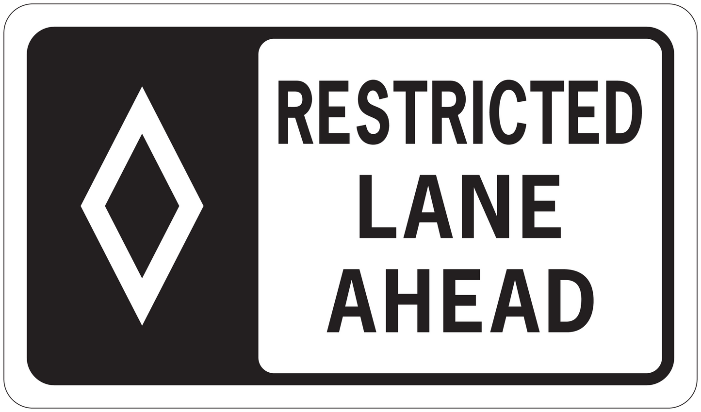 Road sign sticker with black background, white diamond logo and text RESTRICTED LANE AHEAD