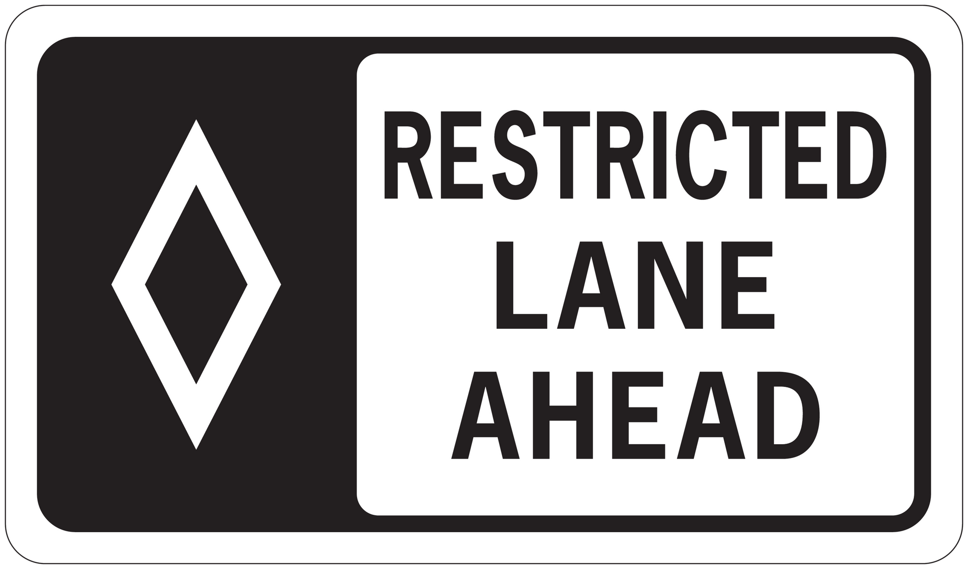 Road sign sticker with black background, white diamond logo and text RESTRICTED LANE AHEAD