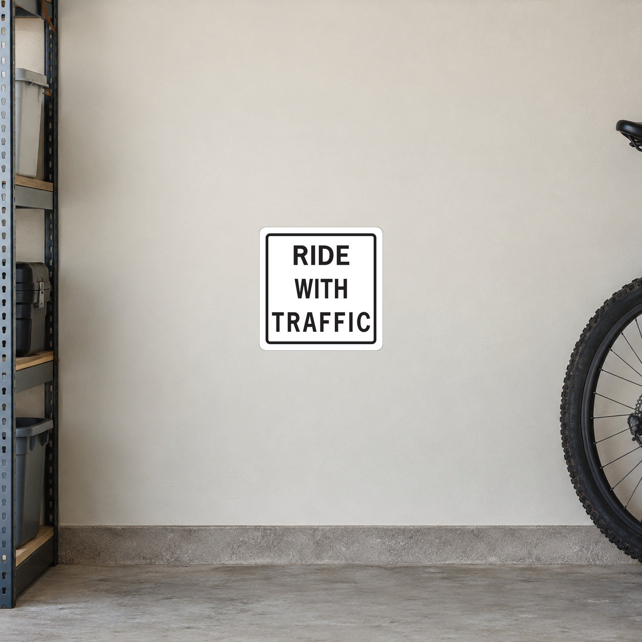 Road Sign Sticker applied in a continuous creamy bicycle garage wall with rear bicycle tire at extreme right