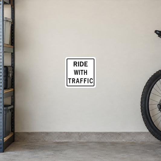 Road sign sticker with 'RIDE WITH TRAFFIC' text on white sign, black border