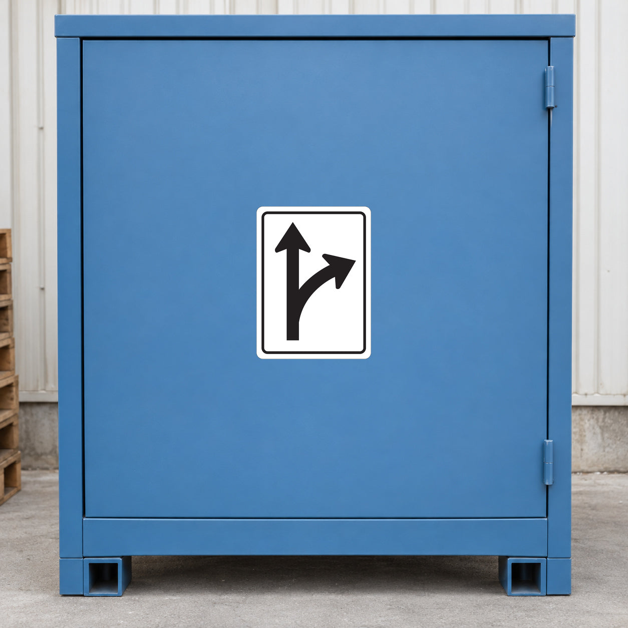 Road Sign Sticker applied in a smooth muted blue single depot equipment cabinet with pallet corner far left