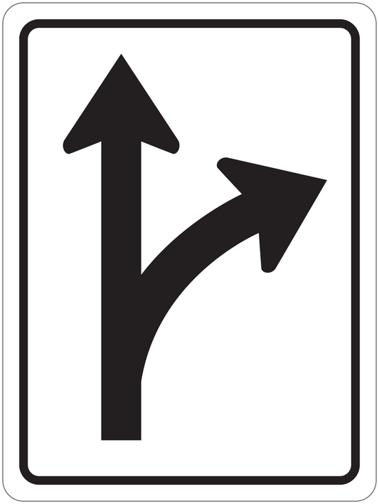Road sign sticker with two black arrows, one pointing up and one right-up