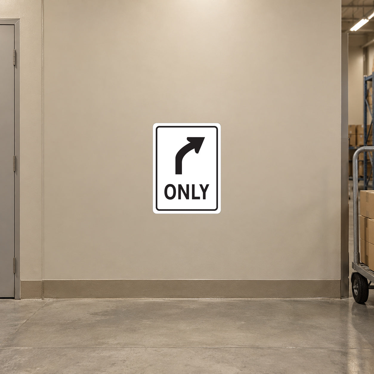 Road Sign Sticker applied in a continuous light tan dispatch corridor wall with handcart far right