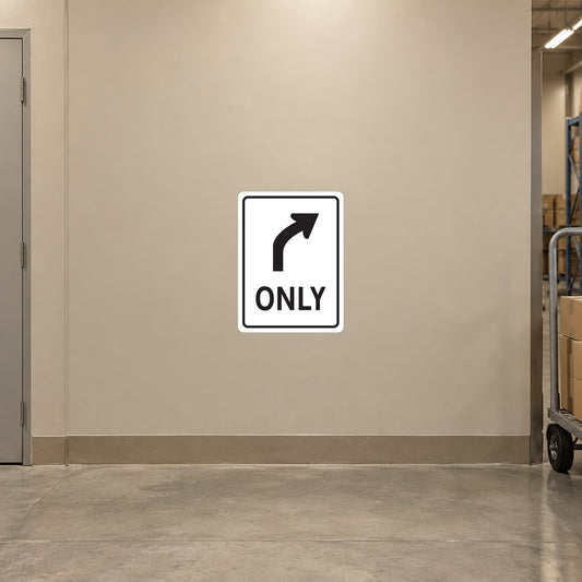 Road sign sticker with black arrow pointing right and “ONLY” text