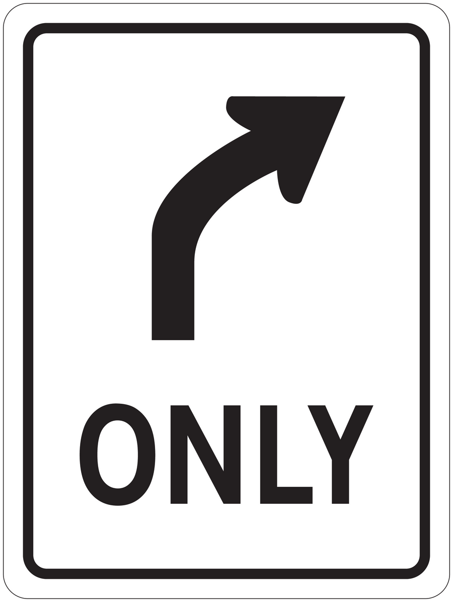 Road sign sticker with black right-turn arrow and bold word ONLY