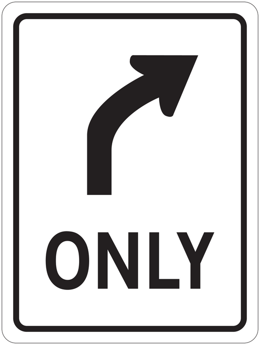 Road sign sticker with black right-turn arrow and bold word ONLY