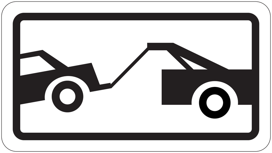 Road sign sticker with black towing truck icon on a white rectangle background