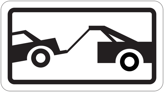 Road sign sticker with black towing truck icon on a white rectangle background