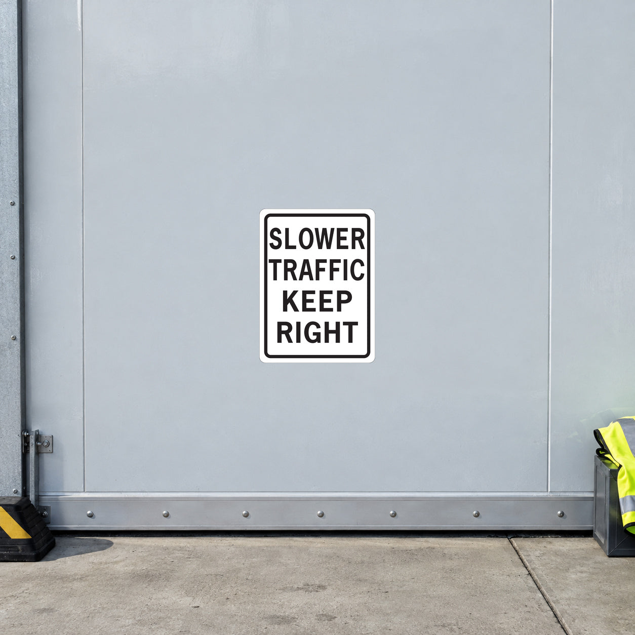 Square road sign sticker, white with black text: SLOWER TRAFFIC KEEP RIGHT