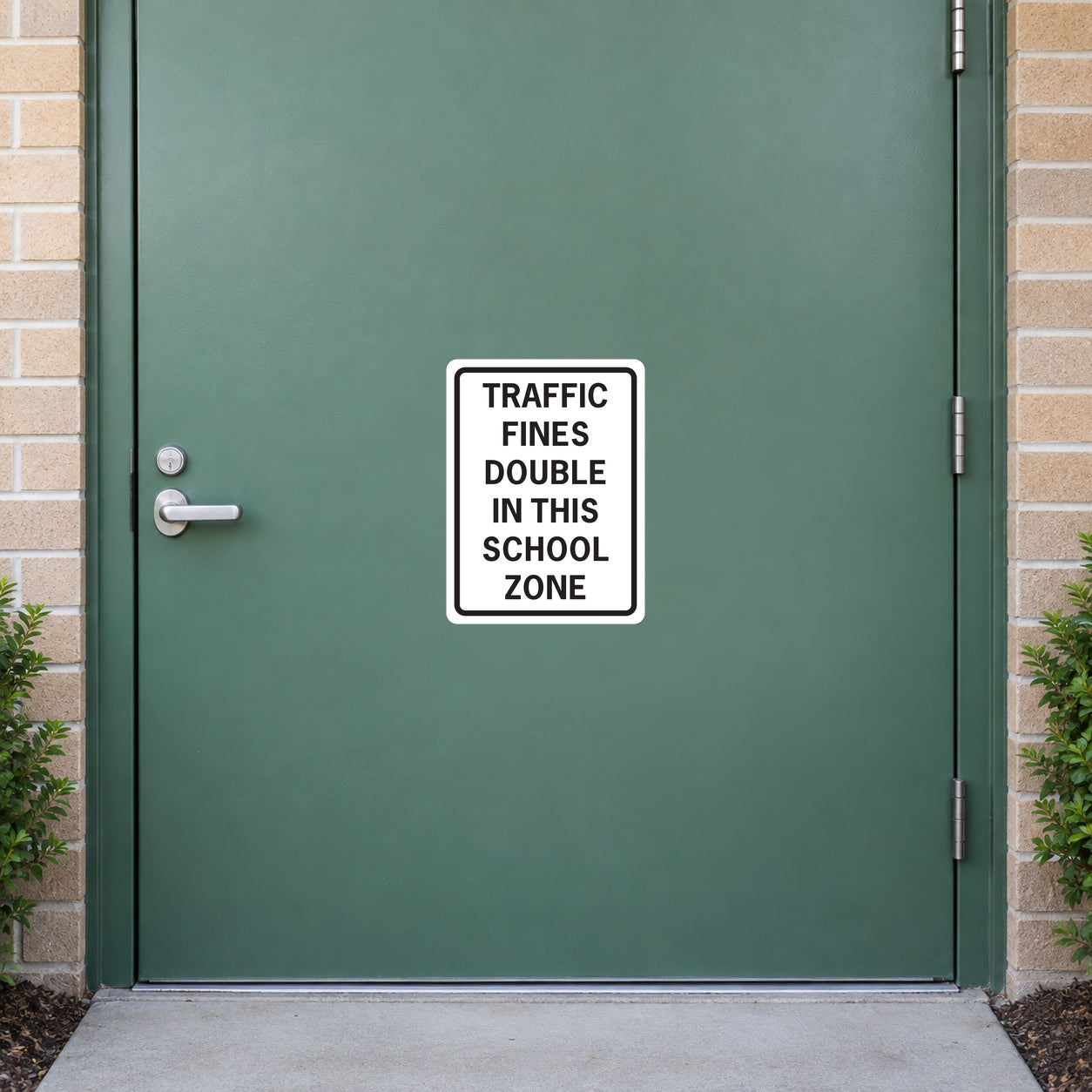 Road Sign Sticker applied in a smooth muted green school service entry door, handle far left and campus path far bottom