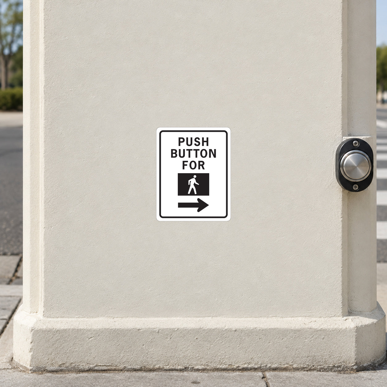 Road Sign Sticker applied in a continuous cream painted pedestrian crossing control wall, a real unmarked metal pedestrian push button clearly visible at far RIGHT x85 percent y47 percent, central wall blank for small instruction sticker pointing right toward that button; curb bottom
