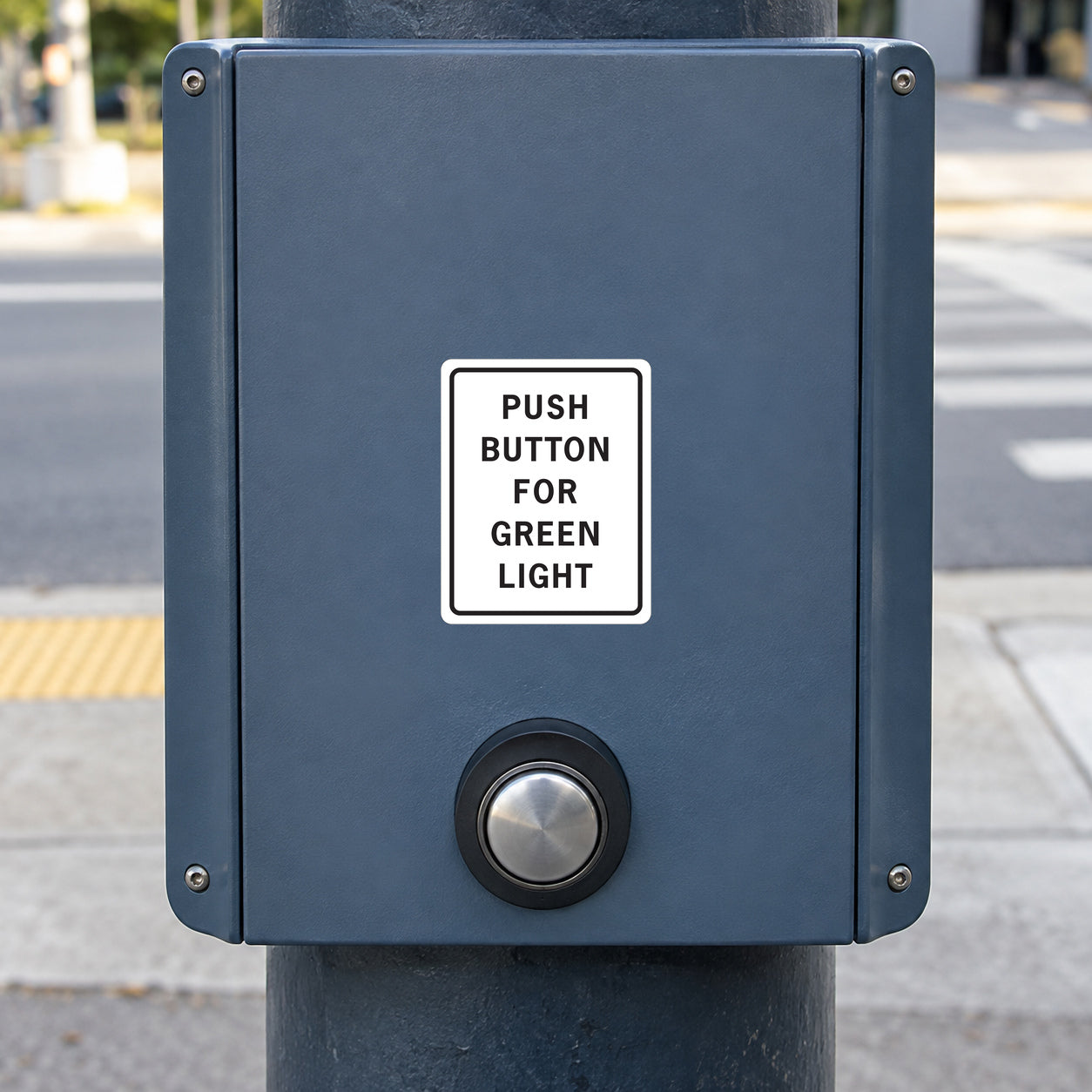 Road Sign Sticker applied in a continuous blue grey pedestrian signal control enclosure, a real unmarked circular push button clearly visible near bottom x50 percent y85 percent, blank unbroken upper central surface for small instruction sticker above the button, pavement below