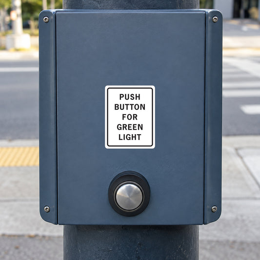 Push button sign sticker with text 'PUSH BUTTON FOR GREEN LIGHT'
