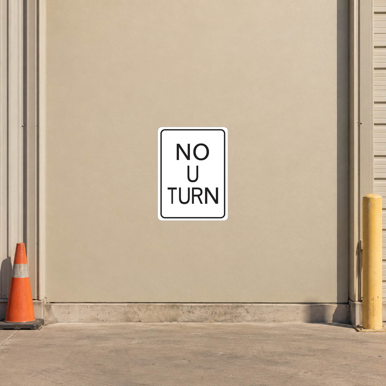 Road Sign Sticker applied in a continuous warm beige transport facility service wall with cone at far bottom left