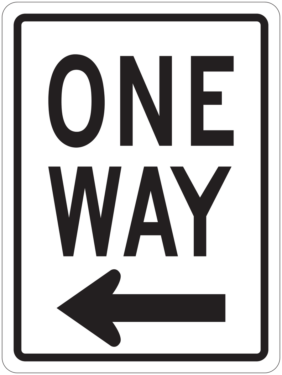 Road sign sticker with ONE WAY text and left arrow on white sign