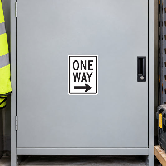 One Way road sign sticker with black arrow on white background