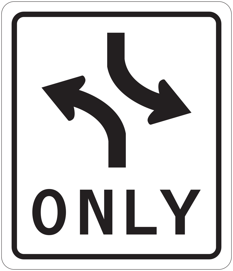 Road sign sticker with black border, curved arrows and text 'ONLY'
