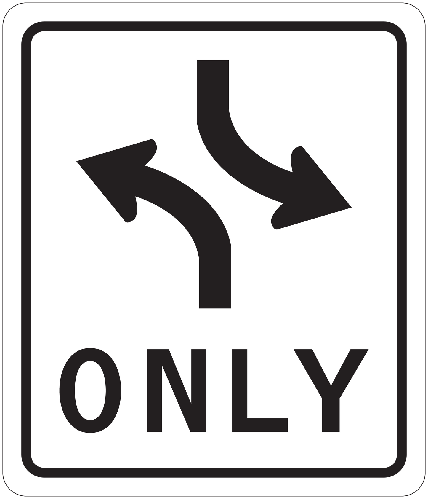 Road sign sticker with black border, curved arrows and text 'ONLY'