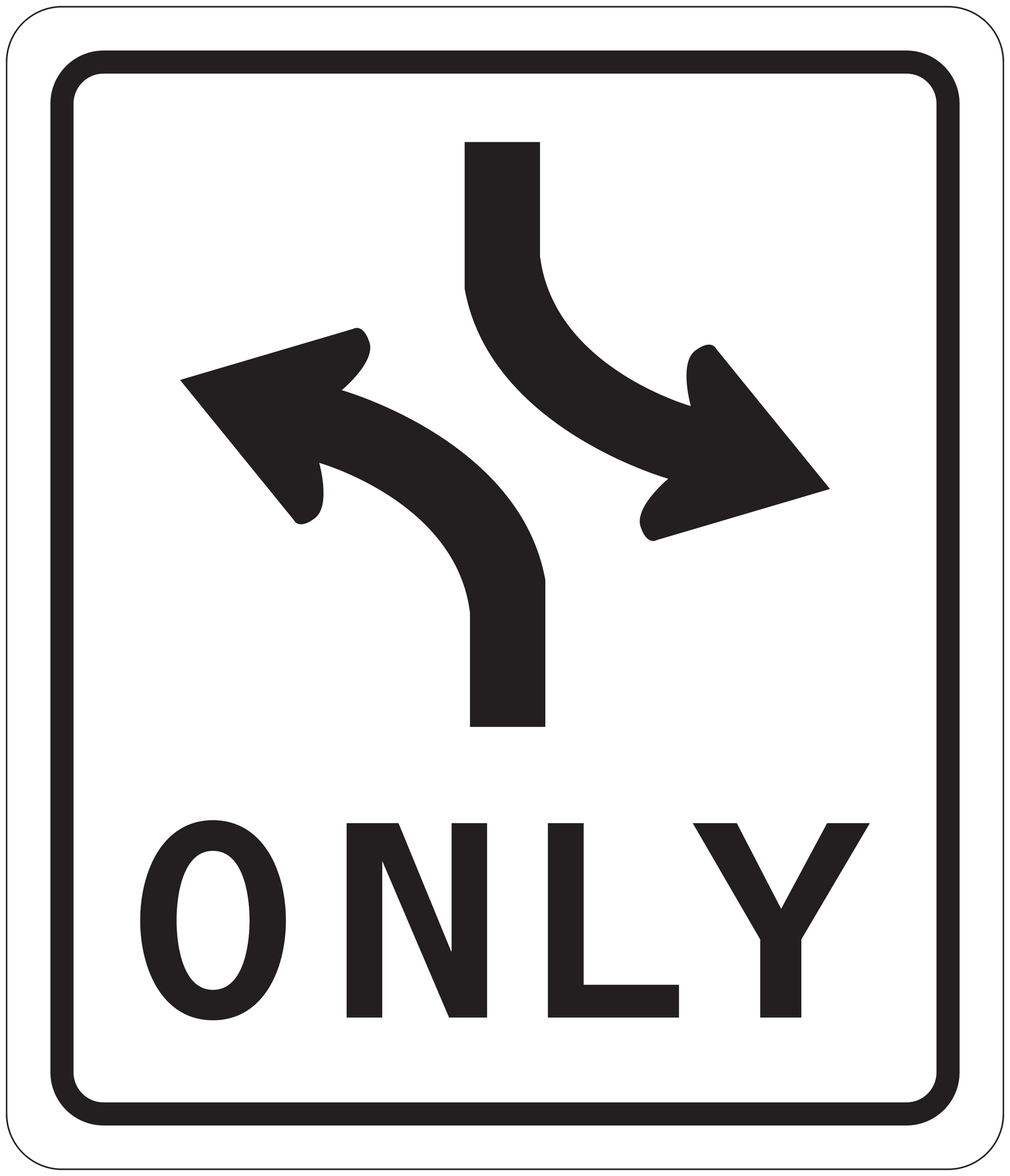 Road sign sticker with black border, curved arrows and text 'ONLY'