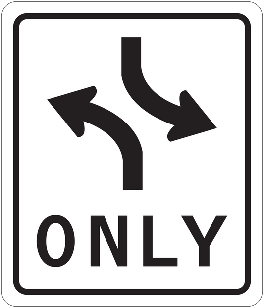 Road sign sticker with black border, curved arrows and text 'ONLY'