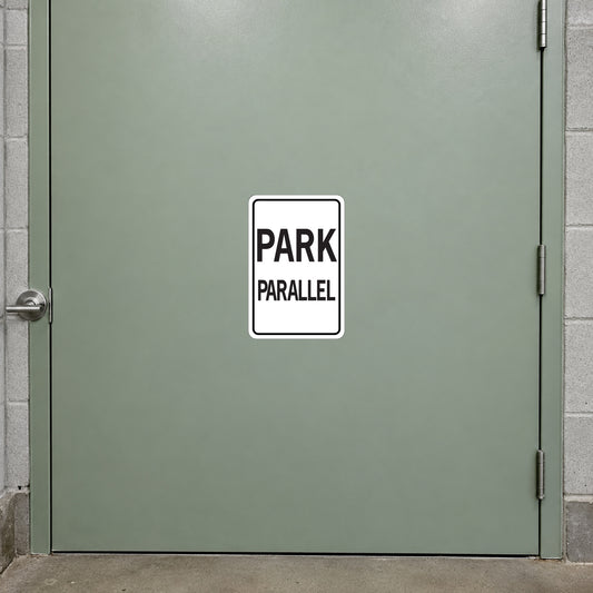Road sign sticker with “PARK” and “PARALLEL” text, white border