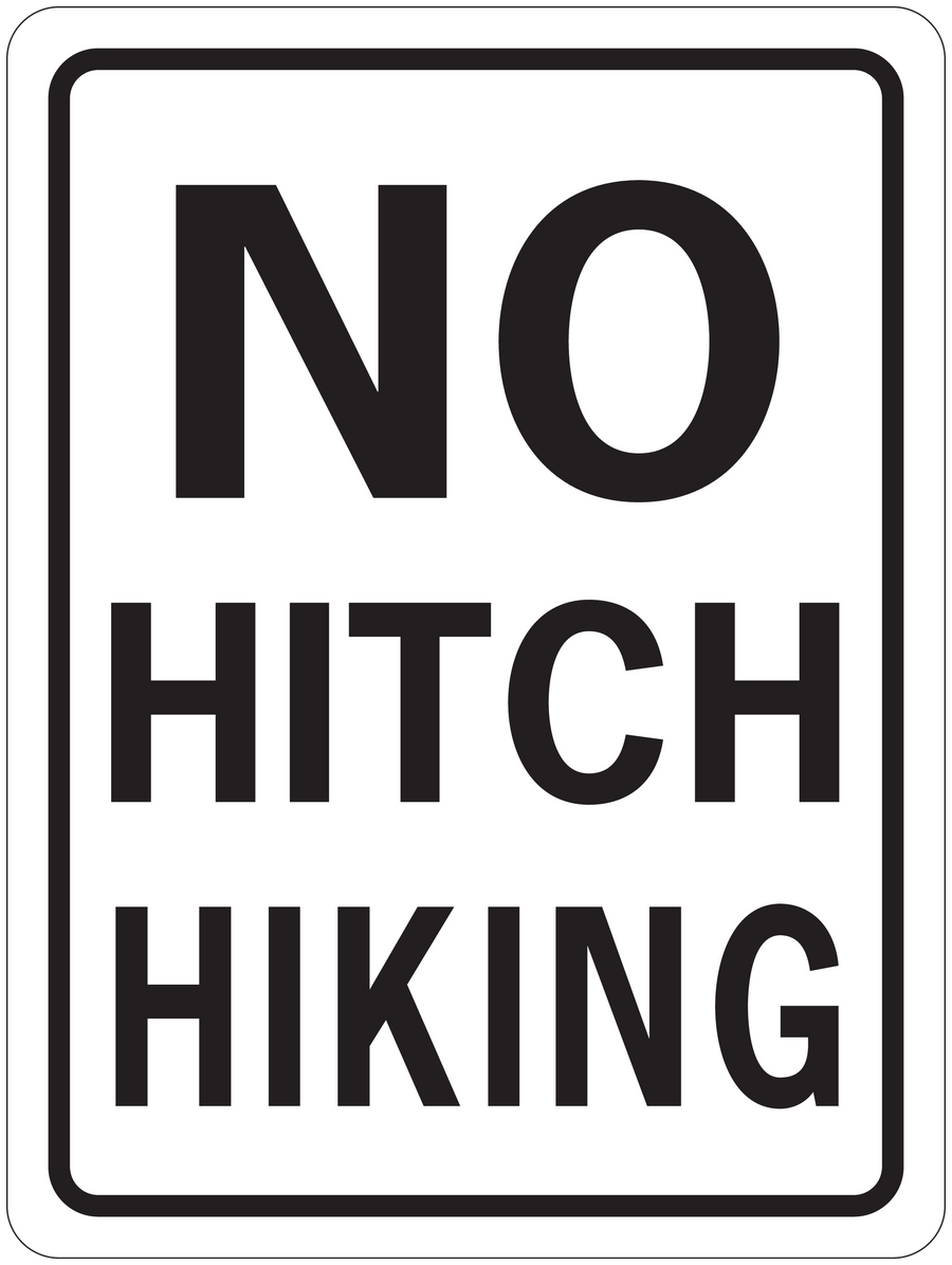 Road sign sticker with NO HITCH HIKING text in black on white background