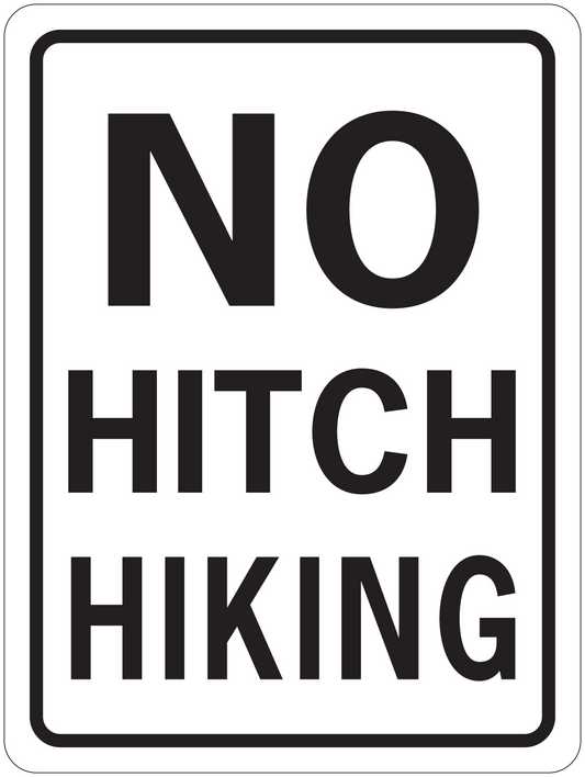 Road sign sticker with NO HITCH HIKING text in black on white background