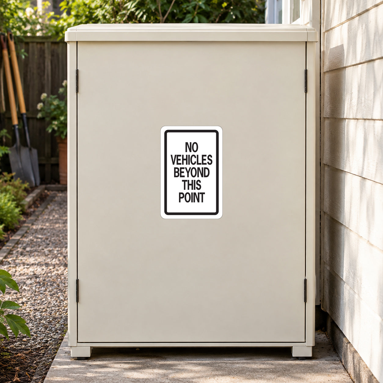 Road Sign Sticker applied in a smooth light cream single grounds maintenance cabinet beside a narrow service path, garden tools at far edge