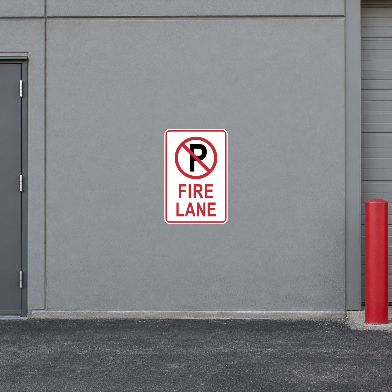 Road sign sticker with red and white “FIRE LANE” no-parking symbol