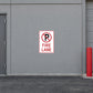Road sign sticker with red and white “FIRE LANE” no-parking symbol