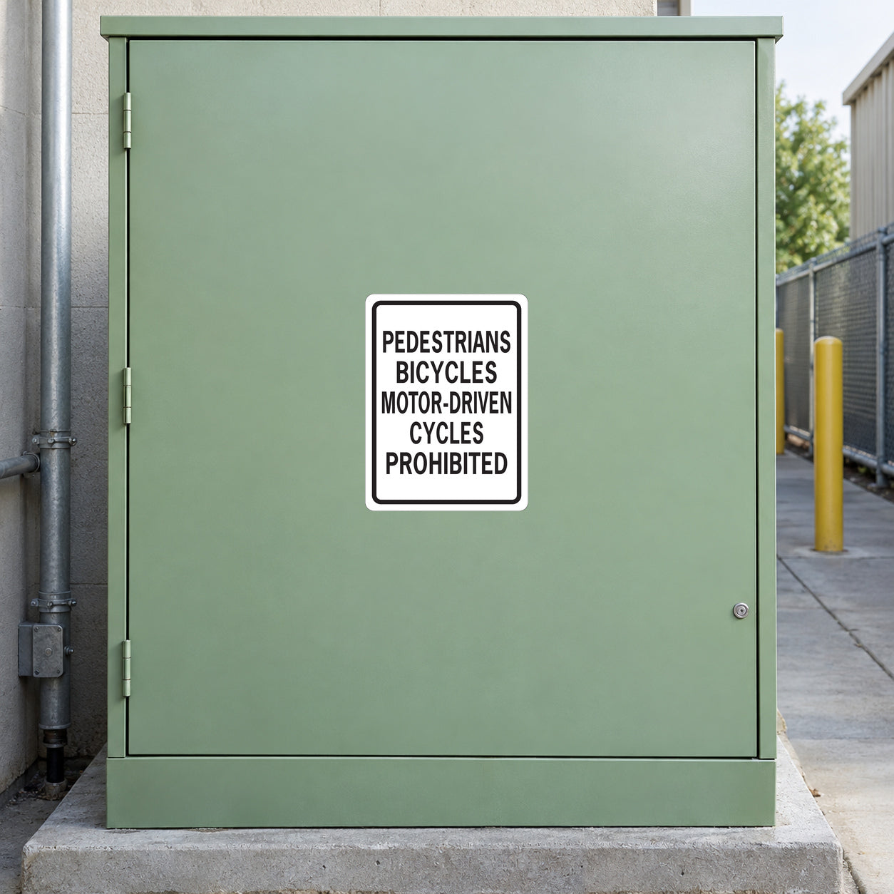 Road Sign Sticker applied in a smooth pale green single industrial service cupboard beside a restricted maintenance path