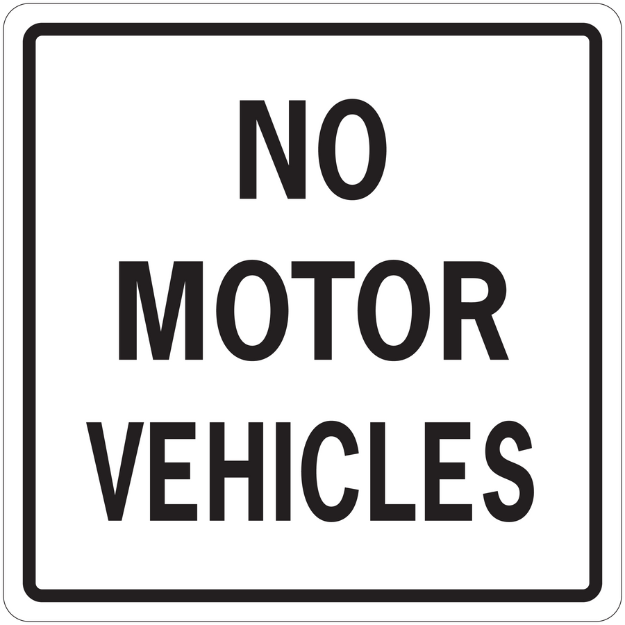 Square road sign sticker with black border and text “NO MOTOR VEHICLES” on white