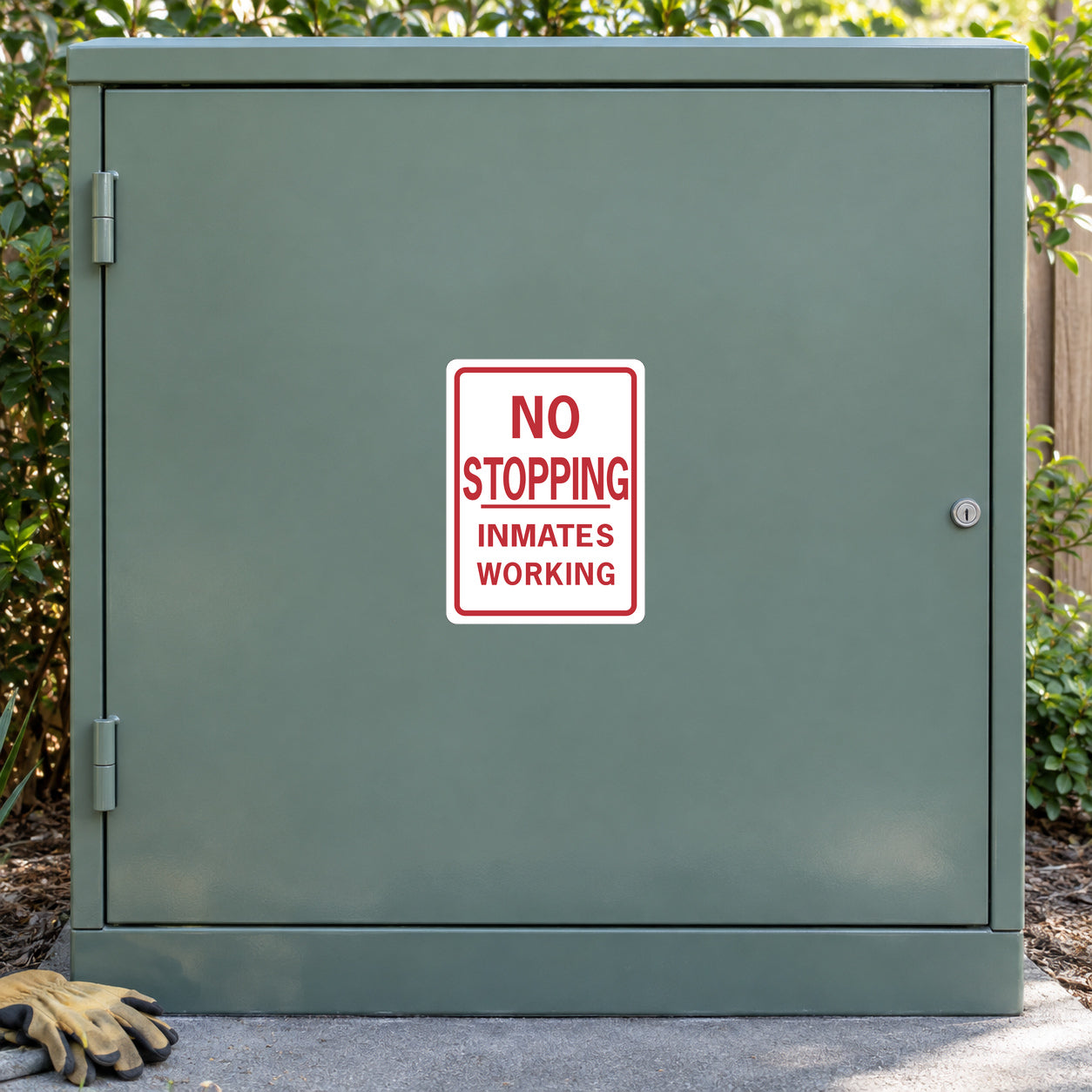 Road Sign Sticker applied in a smooth grey green single grounds service cupboard with work gloves at far bottom edge