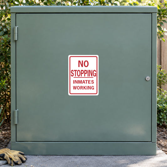 Red/white 'NO STOPPING INMATES WORKING' road sign sticker