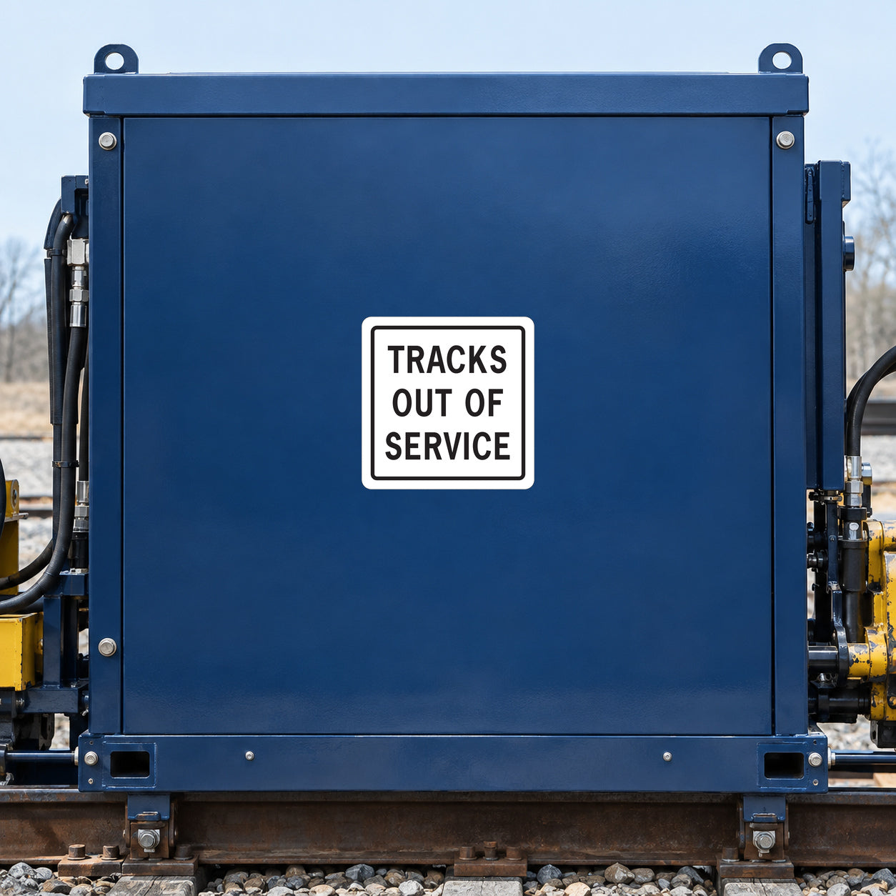 Road Sign Sticker applied in a smooth dark blue single rail maintenance cabinet, track tools at extreme edges