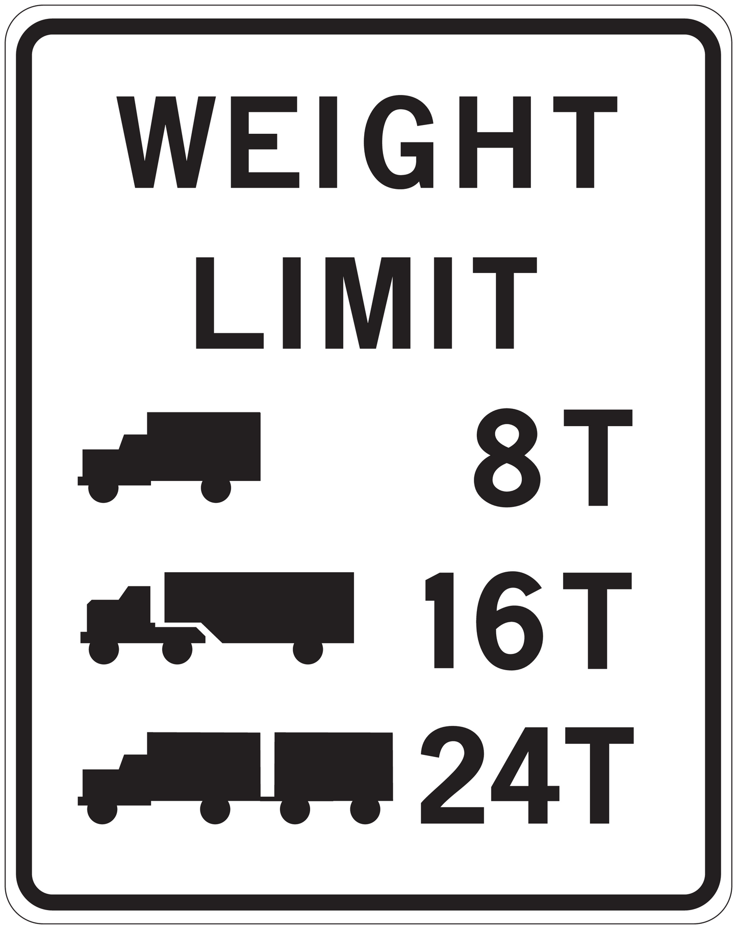 Road sign sticker: 'WEIGHT LIMIT' with truck icons and 8T 16T 24T.