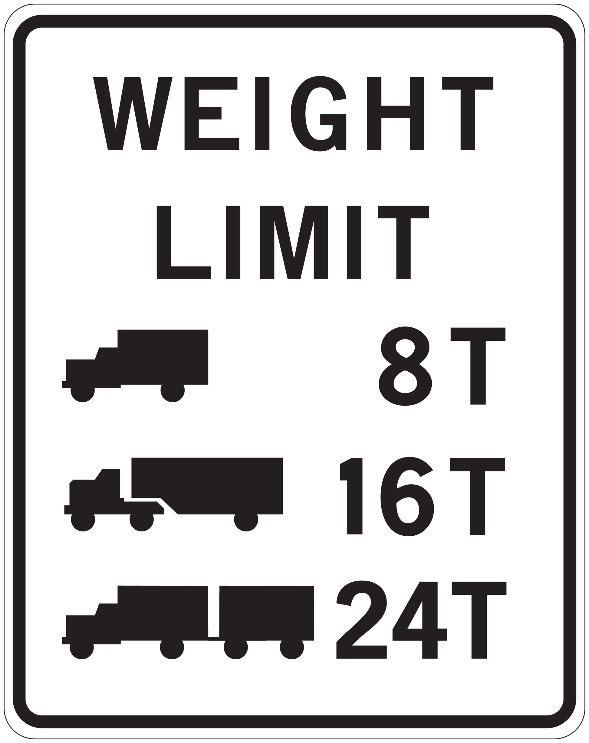 Road sign sticker: 'WEIGHT LIMIT' with truck icons and 8T 16T 24T.