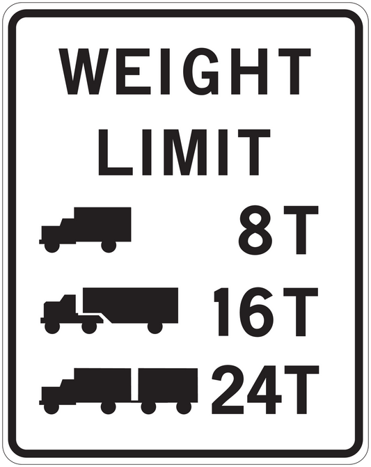 Road sign sticker: 'WEIGHT LIMIT' with truck icons and 8T 16T 24T.