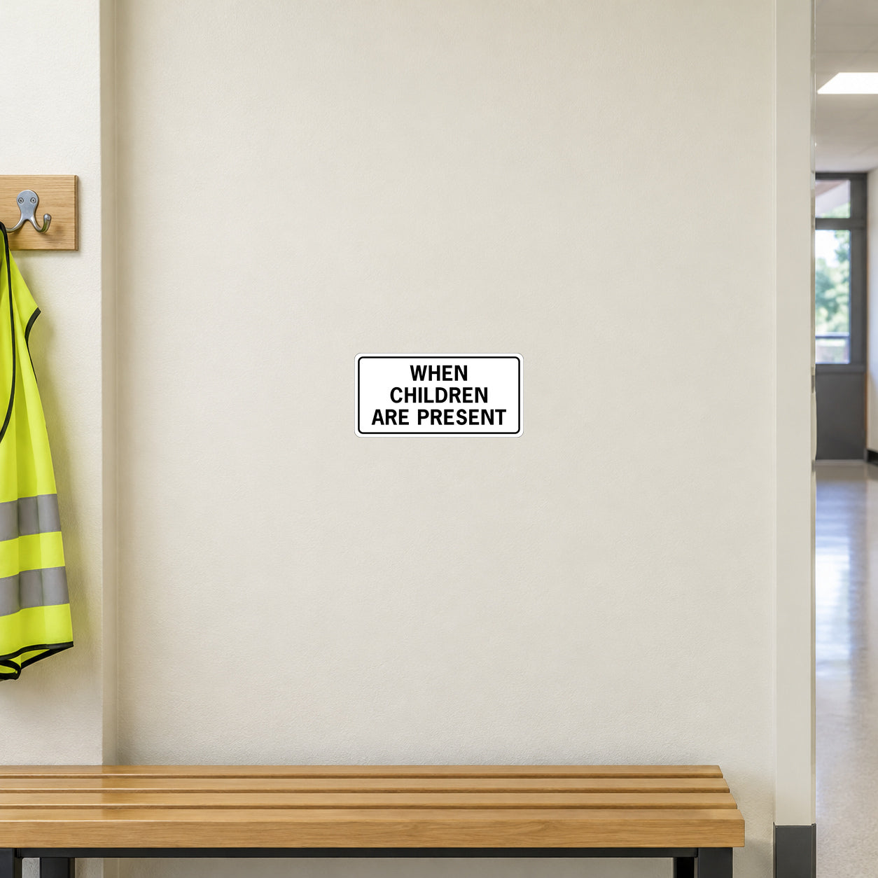 Road Sign Sticker applied in a continuous warm ivory school service corridor wall with crossing vest at far left and bench bottom edge