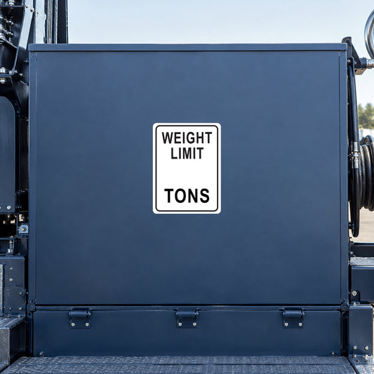 White weight limit road sign sticker reading WEIGHT LIMIT TONS