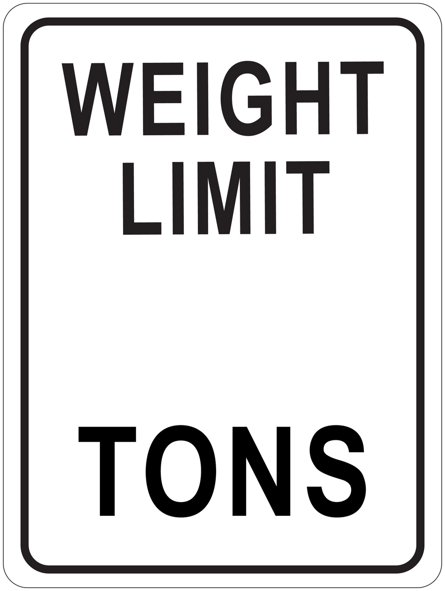 Square road sign sticker with black border and bold text: WEIGHT LIMIT TONS